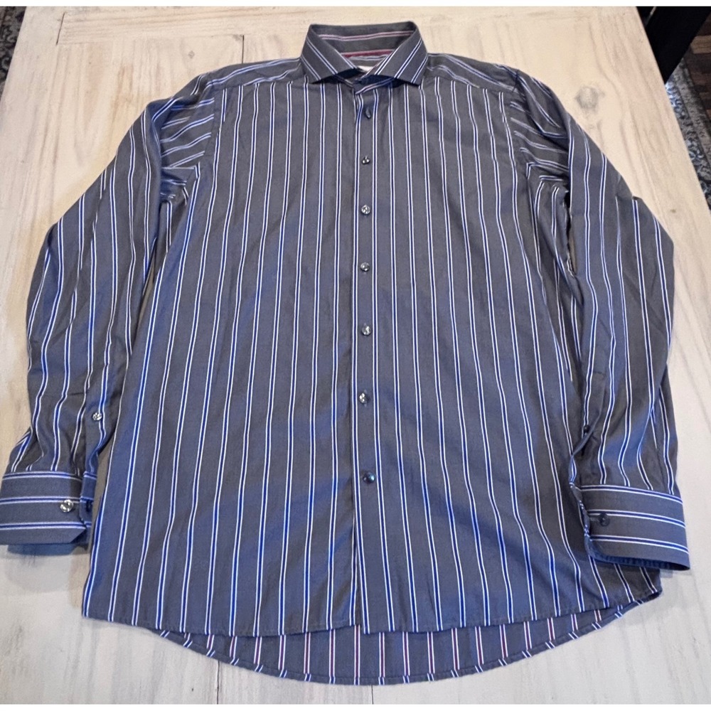 Eton Contemporary Fit Dress Shirt Mens 17.5 44 Gray Blue Striped Long Sleeve